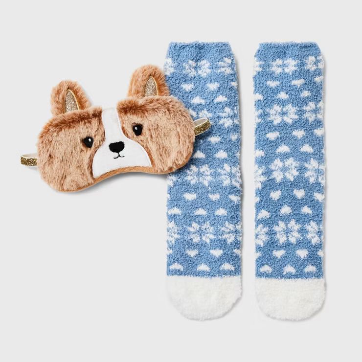 Women's Corgi Faux Fur Eyemask & Cozy Socks Set - Camel/Blue 4-10 | Target