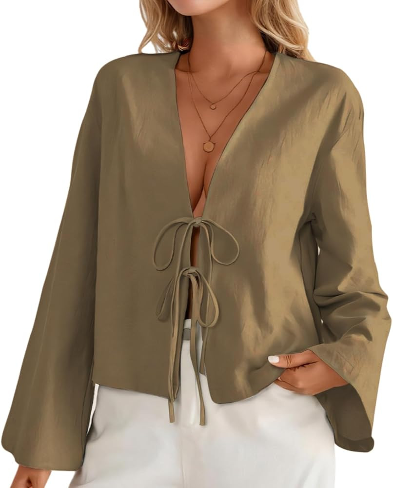 Tie Front Tops for Women Deep V Neck Elegant Bow Lace Up Shirts Long Sleeve Tie Front Top Femlae ... | Amazon (US)