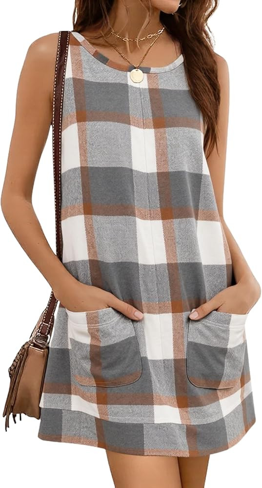 Hooever Plaid Overall Dress for Women Round Neck A Line Skirtall Jumper Mini Dress Pinafore with ... | Amazon (US)