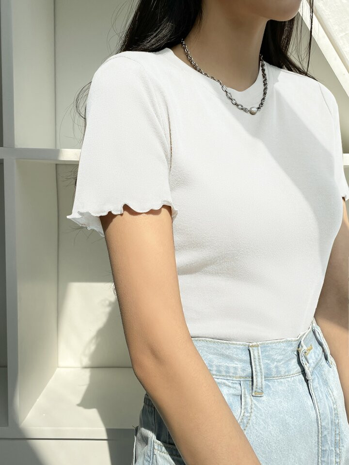 DAZY Lettuce Trim Ribbed Knit Tee Summer | SHEIN