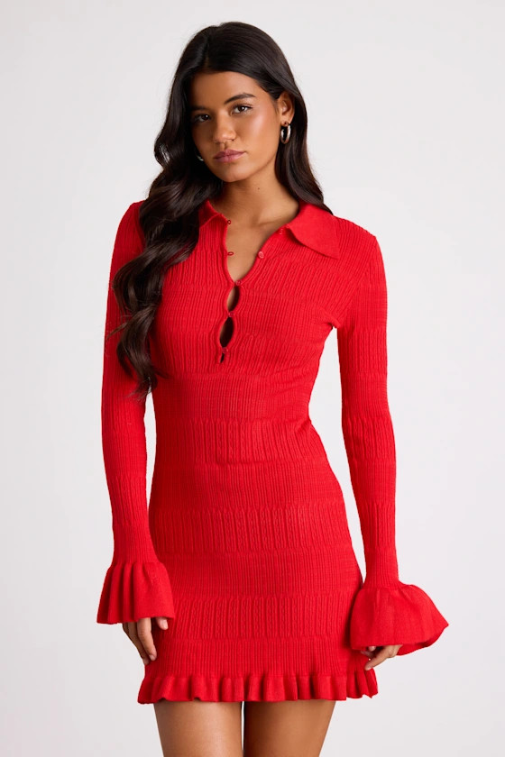 Coralee Red Textured Collared Ruffled Sweater Mini Dress | Lulus