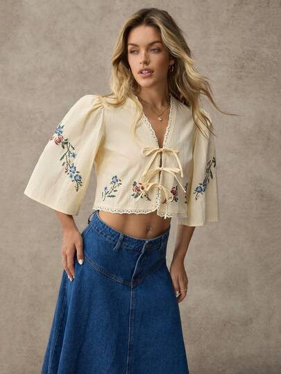 WESTFADE V-Neck Tie Front 3/4 Sleeve Floral Embroidered 100% Cotton Crop Top Spring, Resort Wear,... | SHEIN