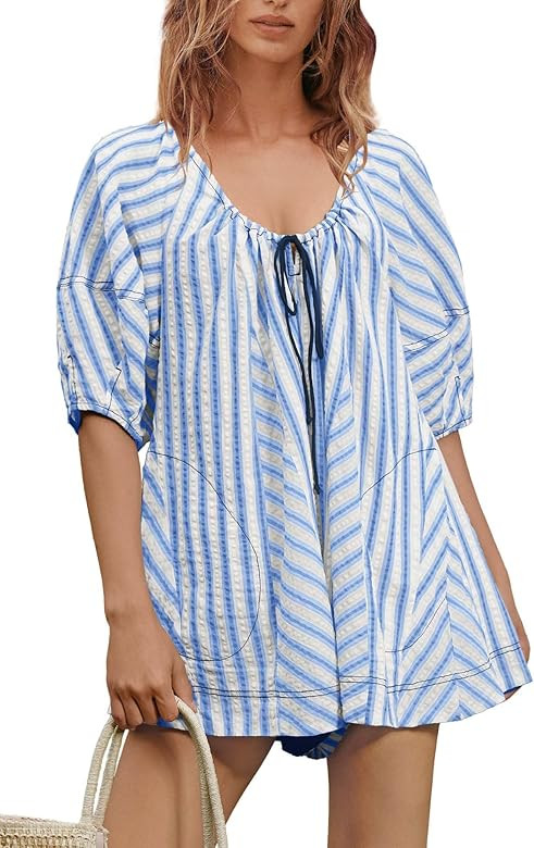 ReachMe Womens Summer Striped Rompers Oversized Puff Sleeve Wide Leg Romper Dress Trendy Beach Va... | Amazon (US)