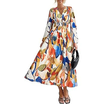 PRETTYGARDEN Women's 2024 Fall Boho Maxi Dress Casual Long Sleeve V Neck Printed Beach Long Flowy... | Amazon (US)