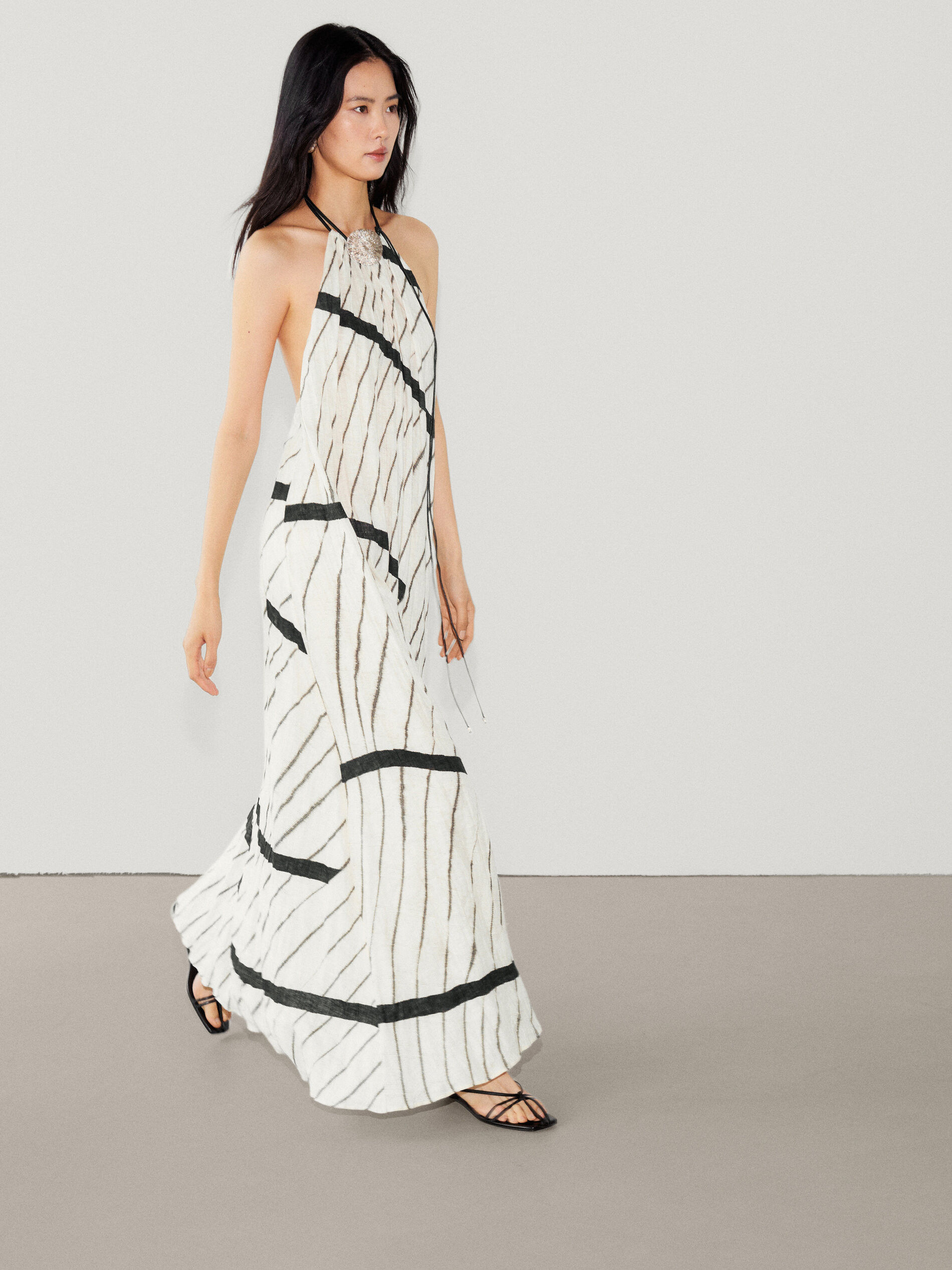 Long striped linen halter dress | Massimo Dutti UK