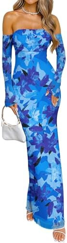 Caracilia Womens Bodycon Off Shoulder Maxi Dresses Long Sleeve Mesh Ruched Sexy Cocktail Party Cl... | Amazon (US)