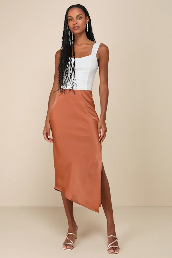 Contemporary Cutie Brown Satin High-Rise Asymmetrical Midi Skirt | Lulus