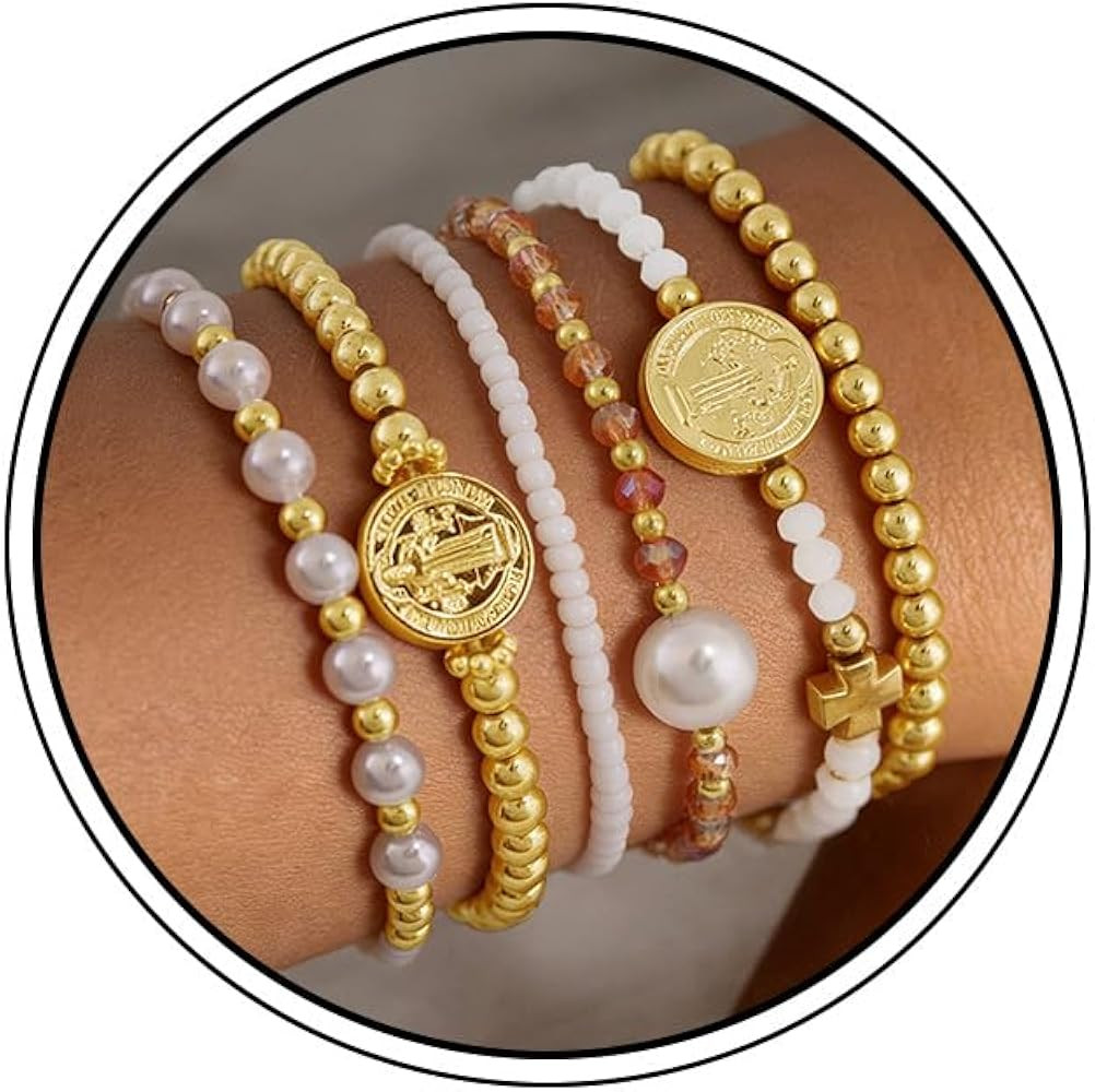 VIBILIA Gold Beaded Bracelets Set for Women 14K Gold Plated Dainty Pearl Cross Bracelet Stack Str... | Amazon (US)