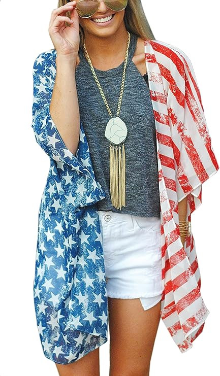 Angashion Women's American Flag Print Kimono Cover Up Tops Shirt | Amazon (US)
