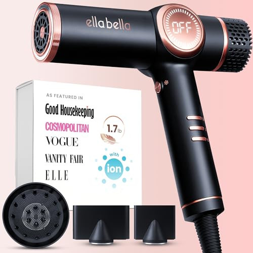 ELLA BELLA® Professional Ionic Hair Dryer with Diffuser • Negative Ion Blow Dryer • Suitable All Hair Types • Intelligent Heat Control & Rapid Drying Speeds • Lightweight Design • Low Noise Technology | Amazon (US)