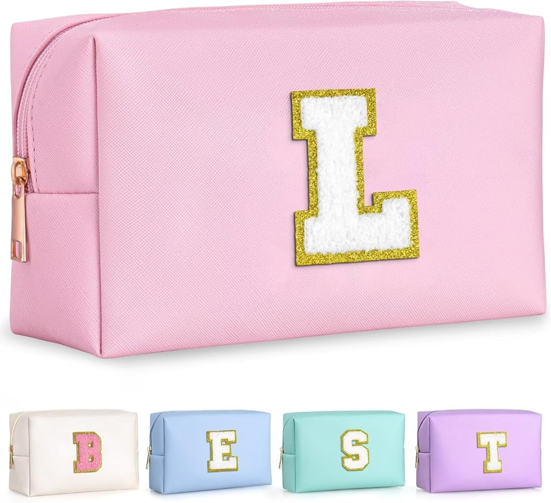 TOPEAST Preppy Pink Glitter Chenille Patch Travel Makeup Bag, 8.3in x 3.5in x 4.9in | Amazon (US)