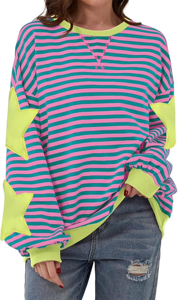 Oversized Sweatshirts for Women Striped Crewneck Sweatshirt Star Graphic Shirts Casual Long Sleev... | Amazon (US)