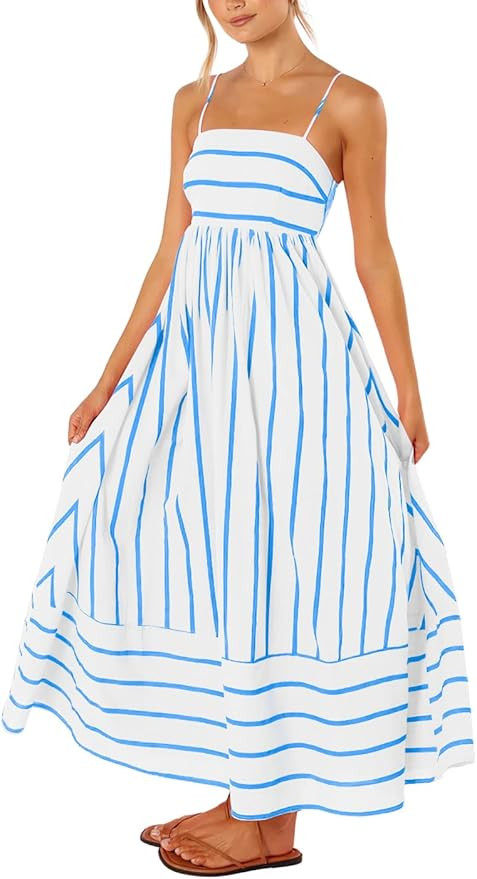 chouyatou Women's Striped Back Smocked Maxi Dress Sexy Spaghetti Strap Cut Out Flowy Swing Long D... | Amazon (US)