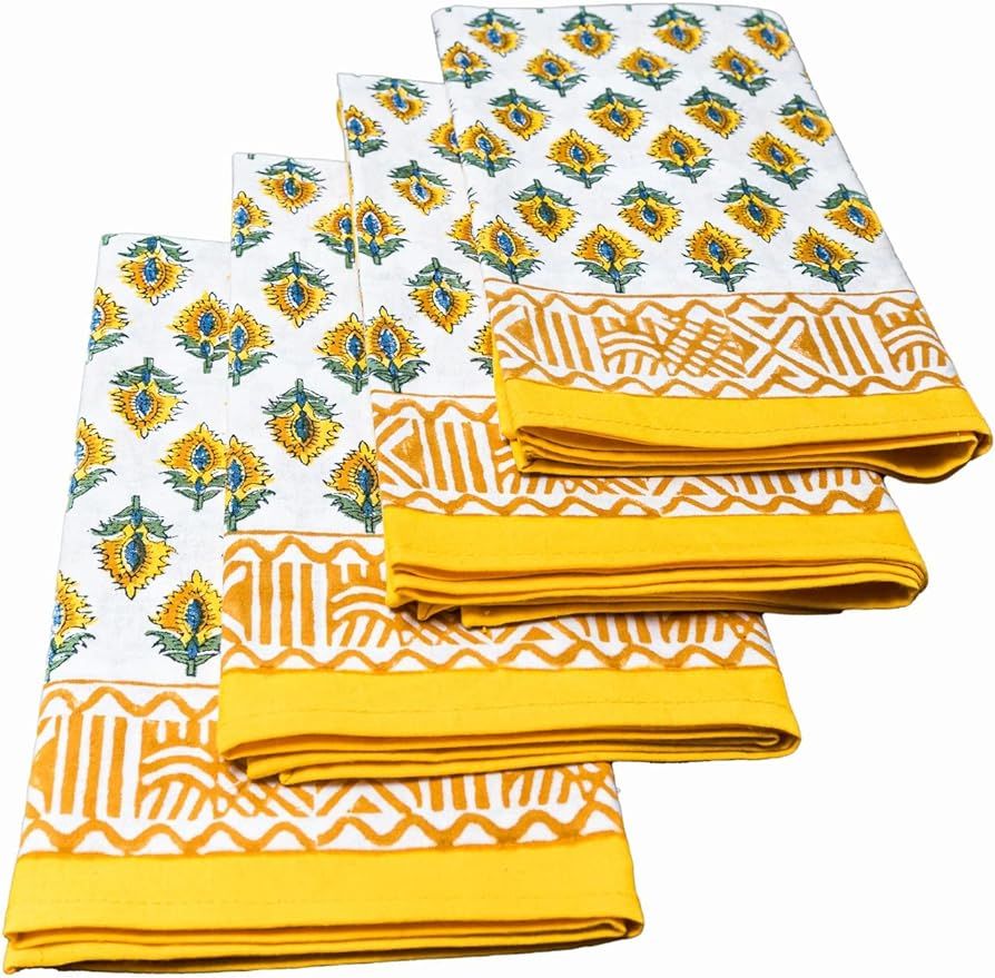ABHOOH Cotton Napkins Linen Handblock Printed Napkins Set of 4 Cloth Napkins 20 x 20 inch (Lemon ... | Amazon (US)