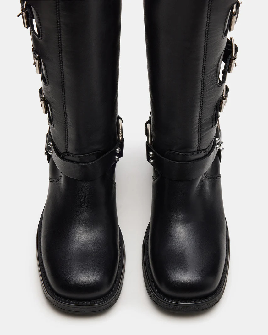 ROCKY Black Leather Knee-High Moto Boots | Women's Boots | Steve Madden (US)