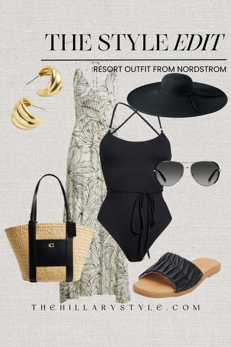 The Style Edit: Resort Outfit from Nordstrom. Vacation outfit perfect for summer travel. Floral dress cover-up, swim cover-up, floral cover-up, floral dress, ribbed swimsuit, black swimsuit, black one piece, black sandals, straw handbag, straw bag, black sun hat, gold hoops, sunglasses. Elan, Vitamin A, Coach, Beach by Matisse, Madewell, Marc Jacobs, Nordstrom. 


#LTKSeasonal #LTKstyletip #LTKtravel