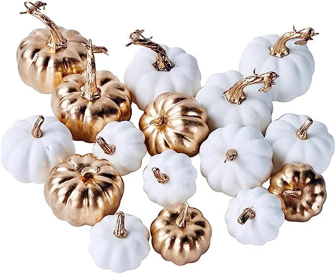 Artmag 16 Pcs Assorted Fall Artificial Pumpkins Harvest White Faux Pumpkins and Gold Plating Pump... | Amazon (US)