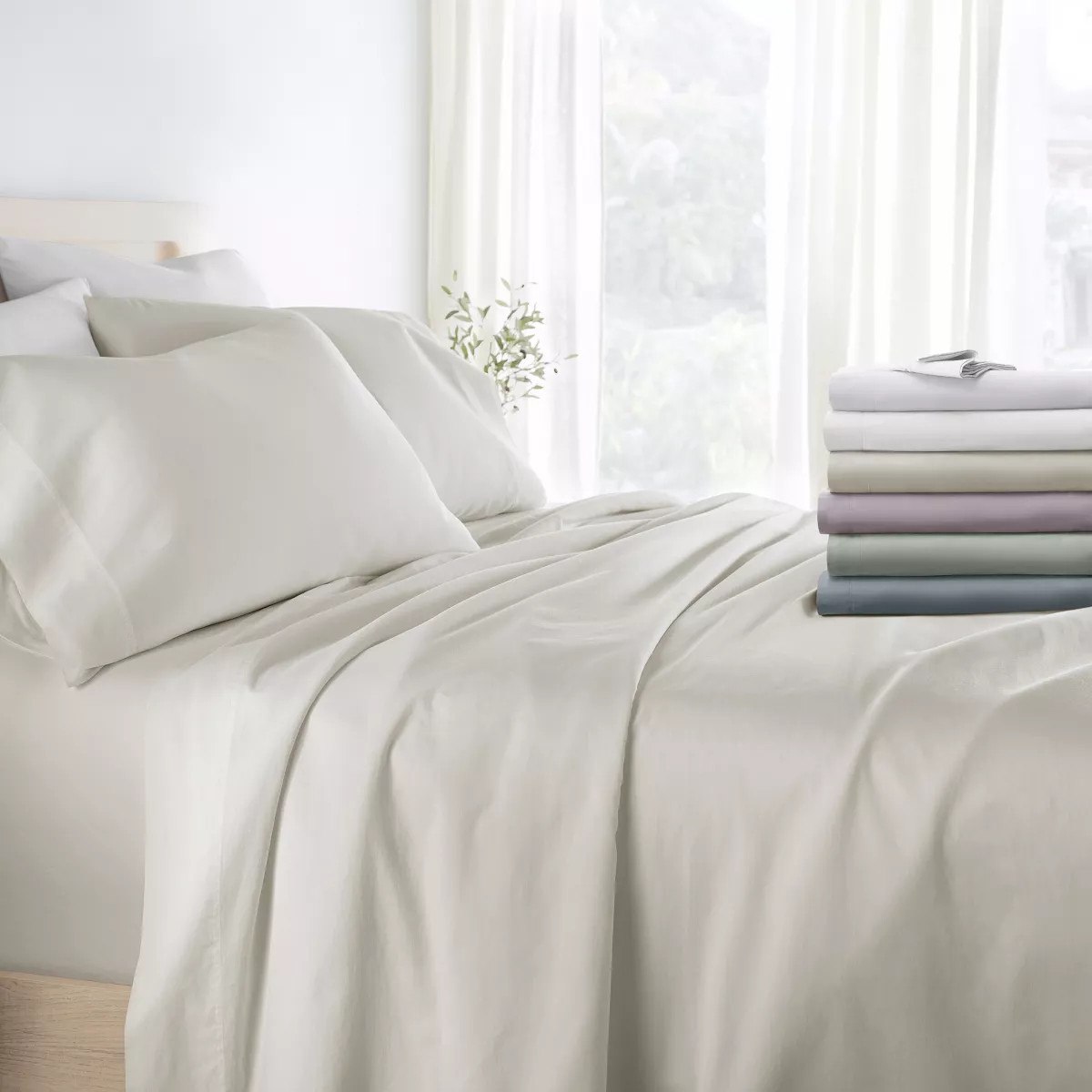 300 Thread Count 100% Cotton 4 Piece Solid Sheet Set Sateen Weave - Becky Cameron, Ivory, Queen | Target
