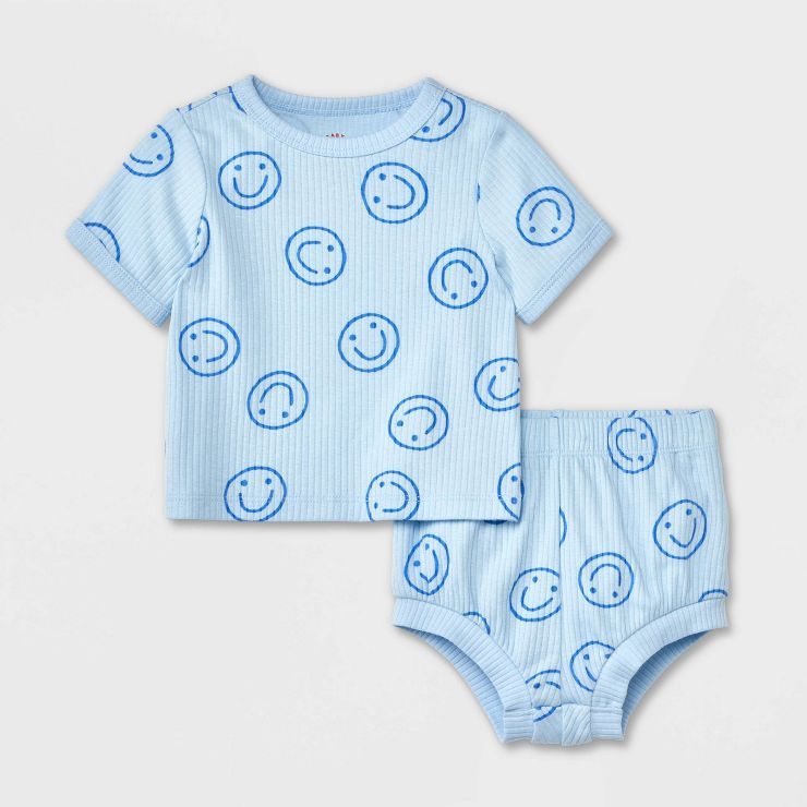 Babys' Smiley Short Sleeve Top & Shorts Set - Cat & Jack Blue | Target