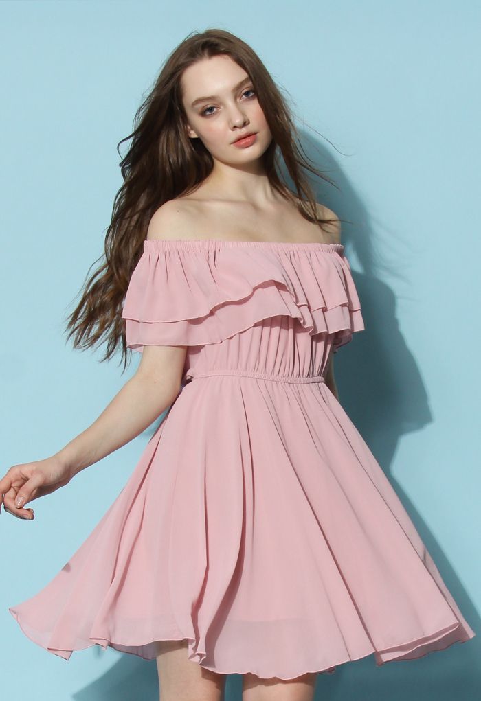 Endless Off-shoulder Frilling Dress in Pastel Pink | Chicwish