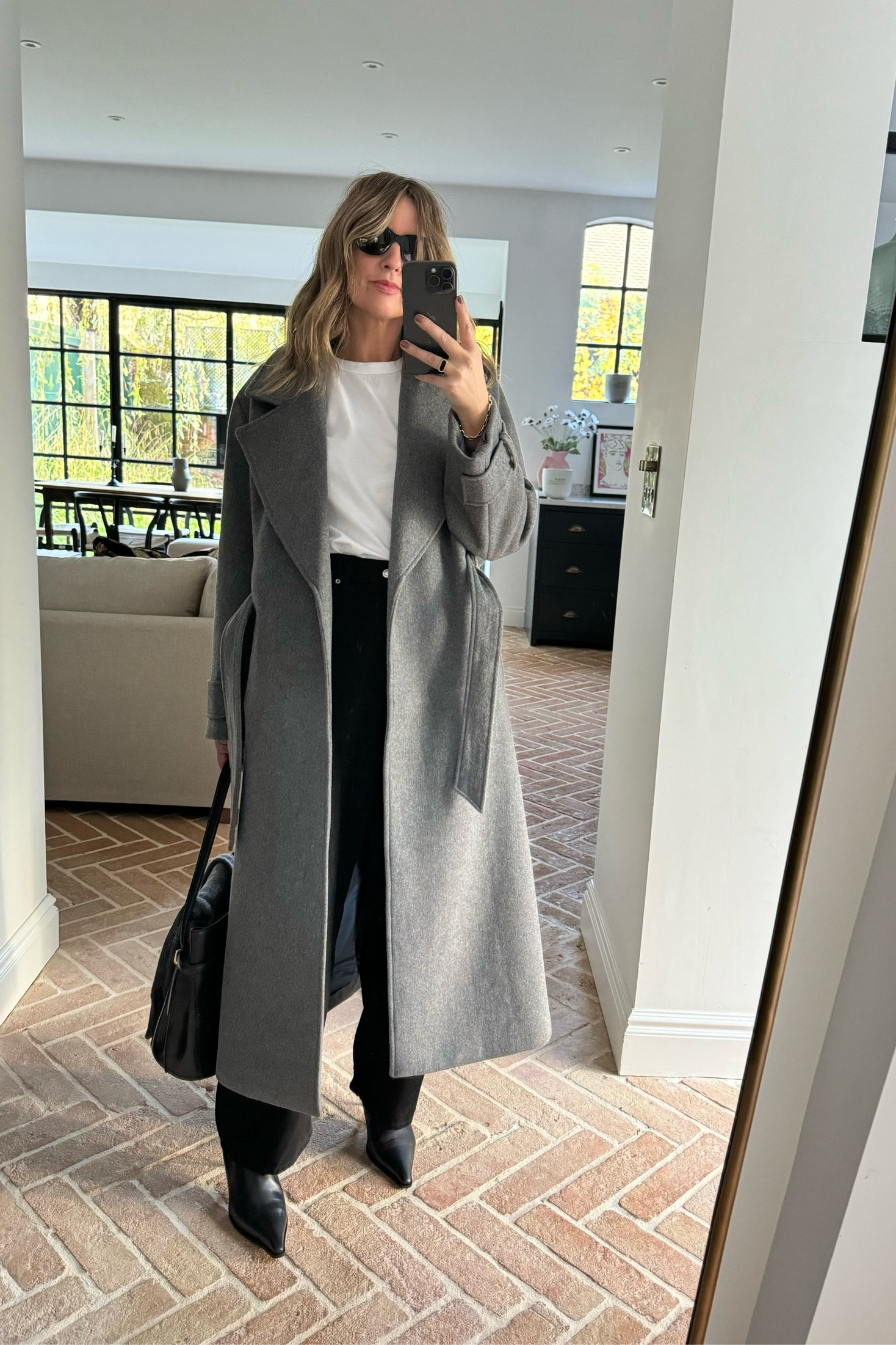 Grey Wrap Coat + Barrel Leg Jeans + Low Heel Boots + Toteme Bucket Bag 

Wearing a uk 8 in the coat 
Size 28 in the jeans 

#LTKuk #LTKstyletip #LTKautumn