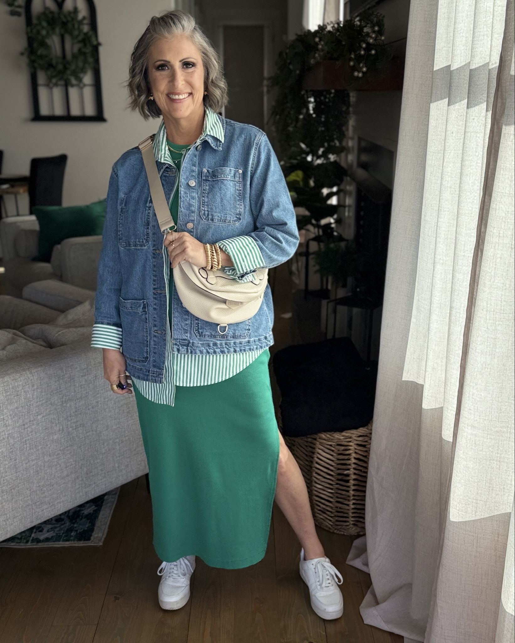 📝 Breakdown Style Story #3:
* Perfect Starter: This maxi dress acts as a blank canvas for styling with shirts, jackets, blazers, and accessories. Offers versatility. Stylish yet comfortable. From day to night with a simple switch of the shoes. Bonus its extremely budget friendly.
* Shoes: Crisp white platform sneakers from Walmart provide height and modern edge.
* Layering: Green and White Striped Button-Down Shirt (Amazon)Worn open and untucked for a relaxed vibe, this shirt adds pattern and preppy contrast to the solid maxi. The collar peeks through just enough under the jacket, drawing attention up to the face and adding balance. Plus add a Denim Chore Jacket (Walmart) this structured piece adds polish while keeping the outfit casual-cool. The longer length of the jacket paired with the midi length of the dress creates an elongated silhouette that’s perfect for layering. Rolling the cuffs of the jacket to reveal the striped shirt adds a thoughtful, styled detail.
* Accessories: Cream crossbody sling bag – practical, hands-free, and neutral, perfectly balances the bolder green tones.
* Style Vibe: Transitional spring day, casual meetings, or relaxed style with polish.

✨Why it works: This outfit shines because it blends bold color, structure, and comfort into a harmonious spring-ready look. The rich green of the maxi dress acts as a strong foundation, while the vertical striped shirt introduces visual interest and draws the eye vertically, which is flattering on any body type. The denim chore jacket adds a touch of rugged structure, perfectly balancing the soft and flowy elements of the dress and shirt. The white platform sneakers infuse youthful energy and comfort, making the outfit feel effortlessly current. Finally, the cream crossbody bag and gold accessories provide contrast and polish, ensuring the overall look feels intentional and stylish without trying too hard.

#LTKFindsUnder50 #LTKStyleTip #LTKOver40