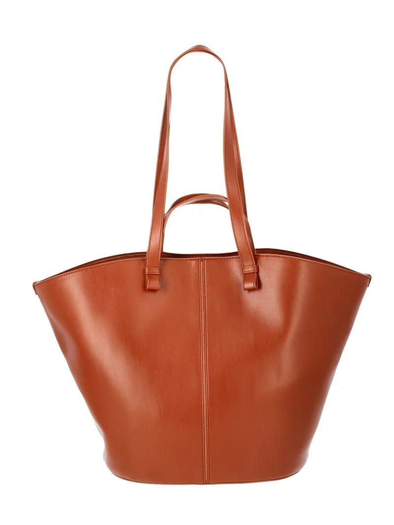Time and Tru Women's Large Faux Leather Tulip Tote Bag, Cognac | Walmart (US)