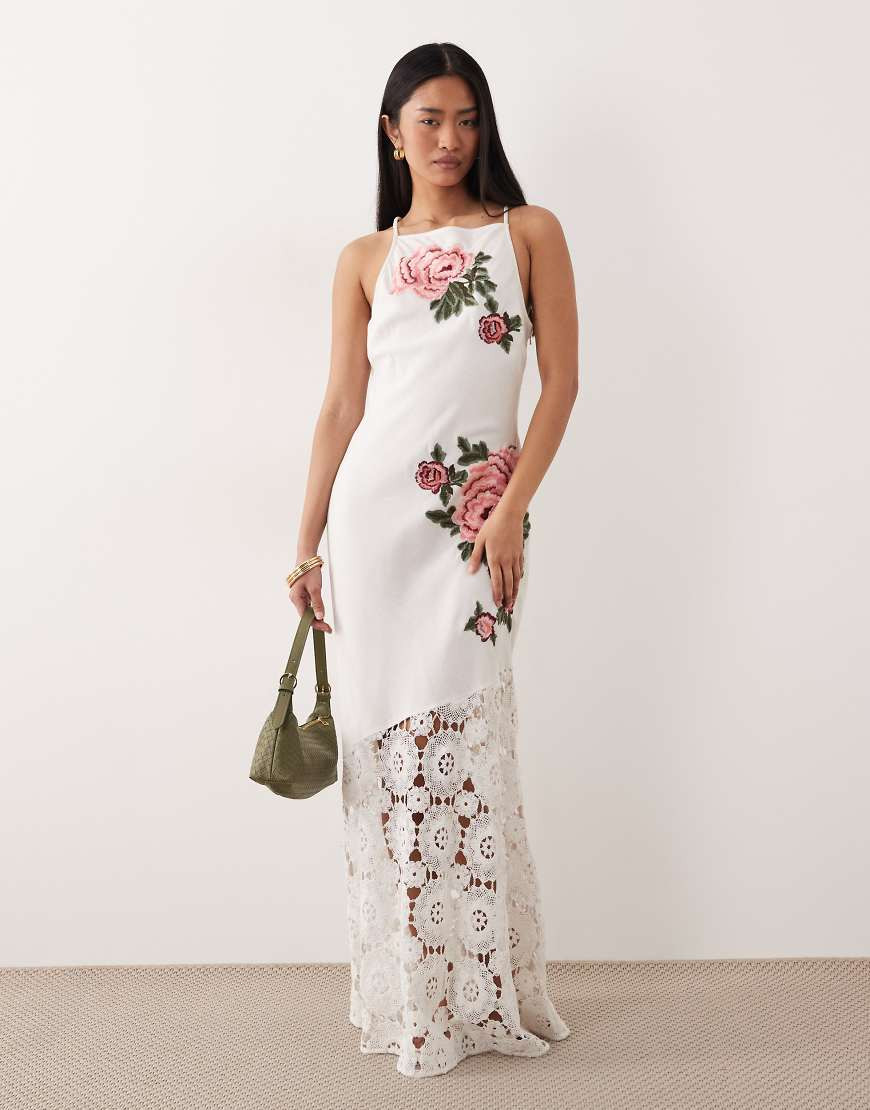ASOS DESIGN racer neck embroidered detailing crochet hem maxi dress in white-Green | ASOS (Global)