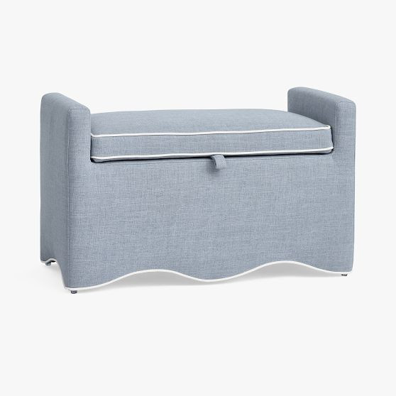 Eco Performance Textured Weave Chambray Wavy Piped Storage Settee (36.5") | Pottery Barn Teen