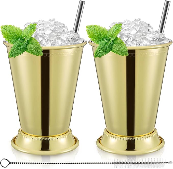ZEAYEA Set of 2 Gold Mint Julep Cups, 12 oz Stainless Steel Glasses with Straws for Party Bar Hom... | Amazon (US)