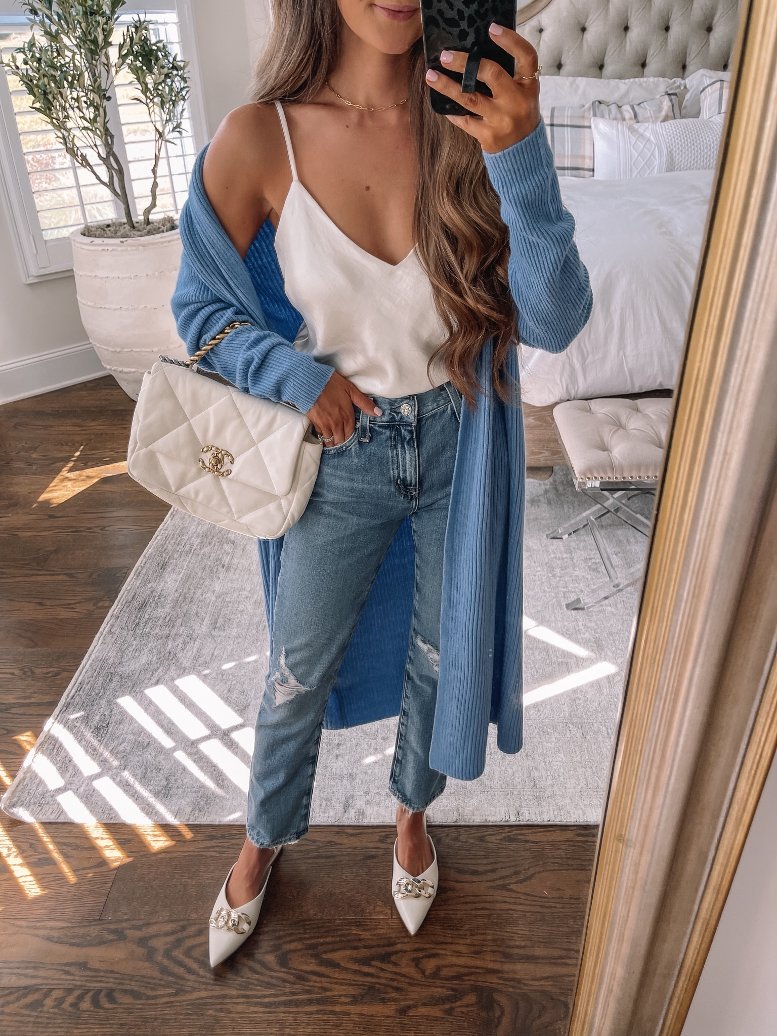 Nordstrom Anniversary Sale outfit!
NSALE, cmcoving, blue cardigan, longline cardigan, satin camisole, AG Ex-boyfriend ripped jeans, pointed toe mules, white mules, NSALE outfit 

#LTKsalealert #LTKxNSale #LTKunder50