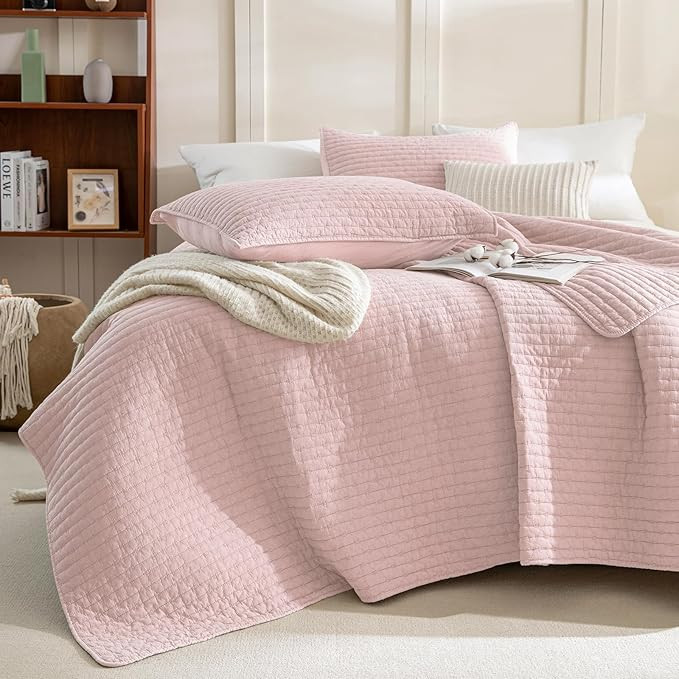 Sanracie Stonewashed Queen Quilt Bedding Set(90"x98"), Cotton Light Pink Crinkle Bedspread Coverl... | Amazon (US)
