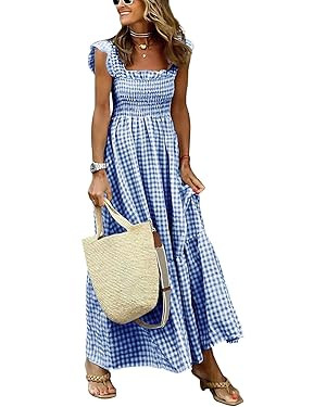 chouyatou Women's Retro Plaid Smocked Dress Spaghetti Strap Flounce Long Dress | Amazon (US)