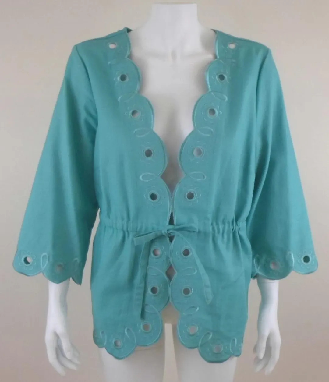 Vintage 90s Bob Mackie Wearable Art Scallop Eyelet Jacket Womens L Aqua Blue | Etsy (US)