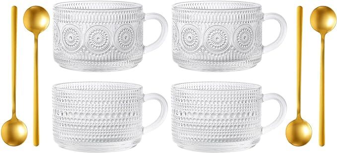 kickmove 4 Pack 14oz Glass Coffee Mugs with Spoons, Clear Embossed Vintage Cups for Latte,Cappucc... | Amazon (US)