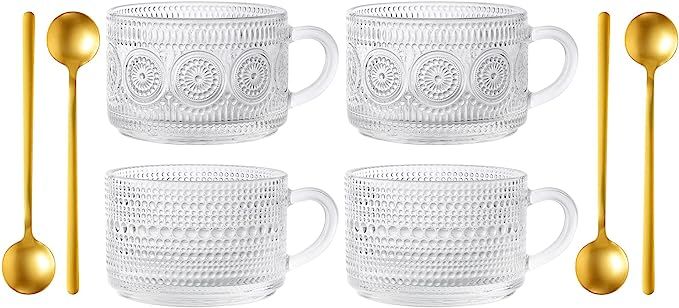 kickmove 4 Pack 14oz Glass Coffee Mugs with Spoons, Clear Embossed Vintage Cups for Latte,Cappucc... | Amazon (US)