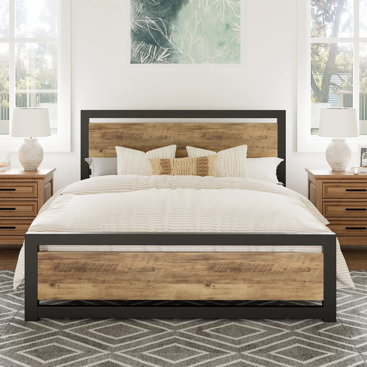 Steelside™ Marilee Wood and Black Metal Frame Bed with Headboard & Reviews | Wayfair | Wayfair North America