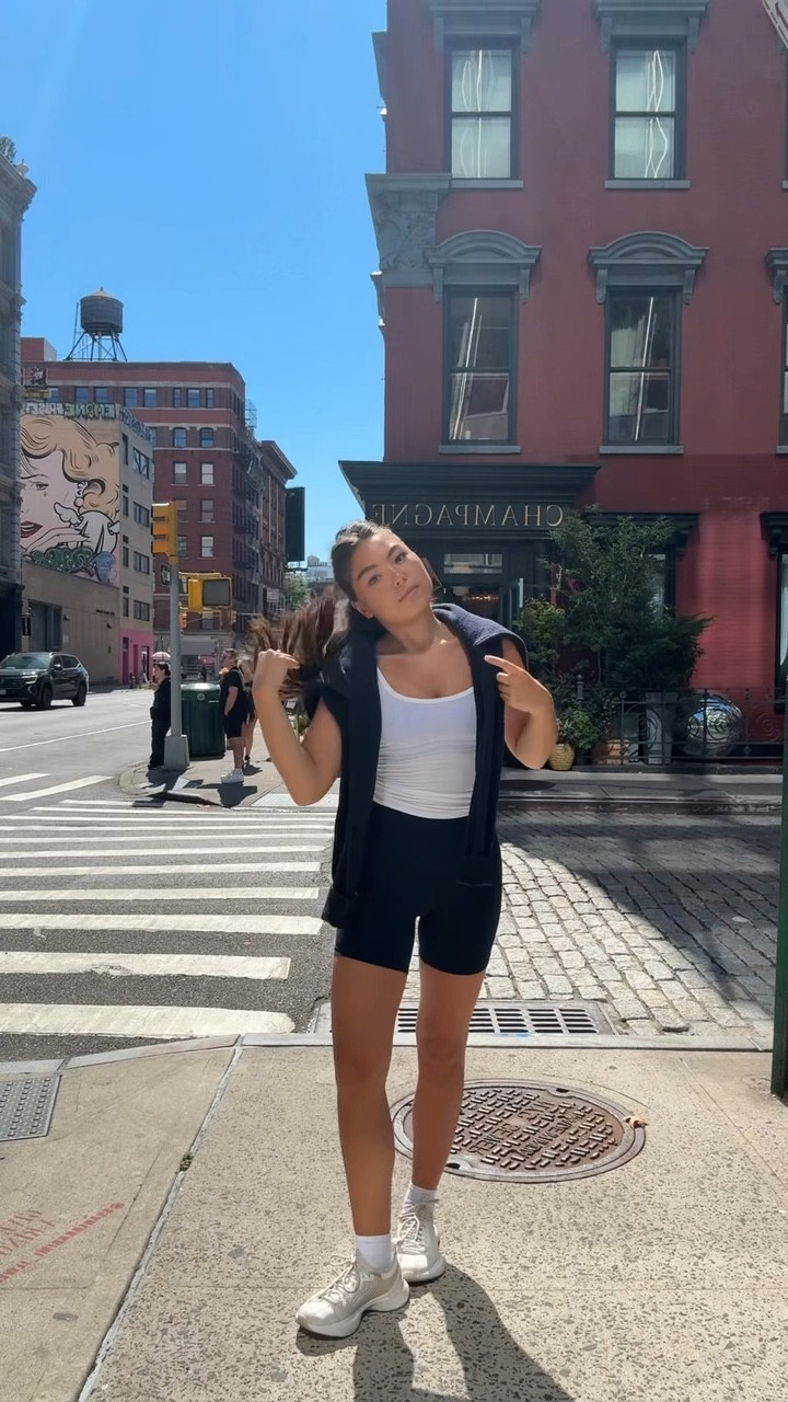 wearing the lulu align 4 inch shorts here!! pullover is old from brandy melville but i linked similar from navy options from jcrew & gap for a chic monochrome look x 