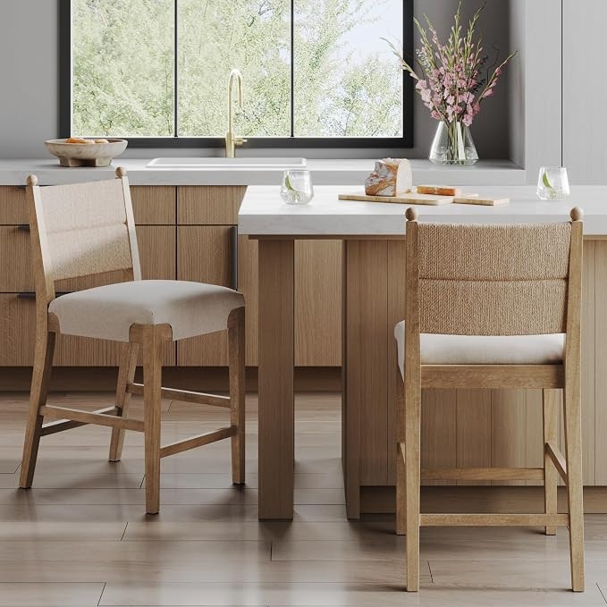 Nathan James Cove Seagrass Counter Stool Wood Upholstered Bar Stool with Natural Flax Cushion and... | Amazon (US)
