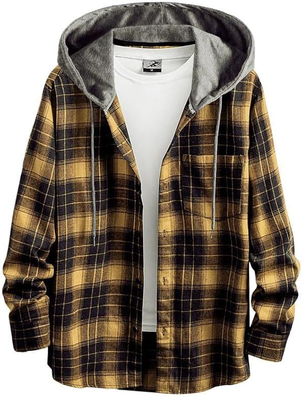 JMIERR Flannel Hoodies for Men Casual Button Down Plaid Long Sleeve Lightweight Shirts Jackets | Amazon (US)