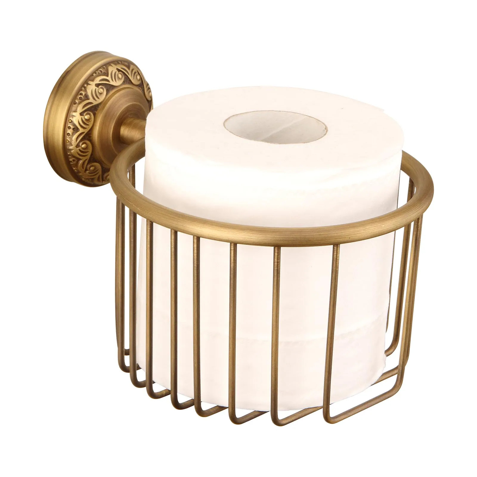 Yichuhaoxi Vintage Wall Mounted Toilet Paper Holder with Wire Basket Antique Brass Finish Flower Engraved Base All Brass Construction 1 Piece | Lowe's