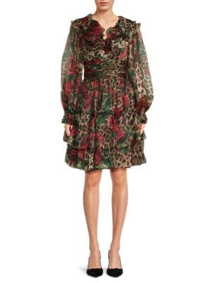 Dolce&Gabbana Ruffle Leopard Floral Silk Dress on SALE | Saks OFF 5TH | Saks Fifth Avenue OFF 5TH
