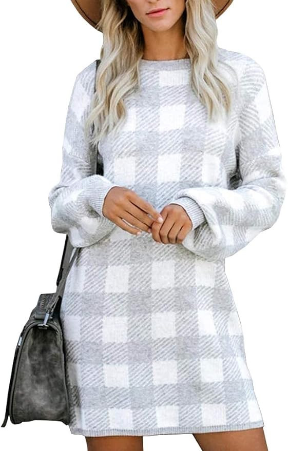 Tutorutor Womens Plaid Sweater Dresses Oversized Casual Long Sleeve Loose Fit Long Tunic Shirts | Amazon (US)