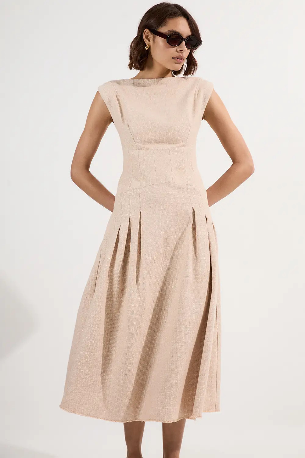 Spring Tweed Tailored Sleeveless Full Skirted Midi Dress | Karen Millen