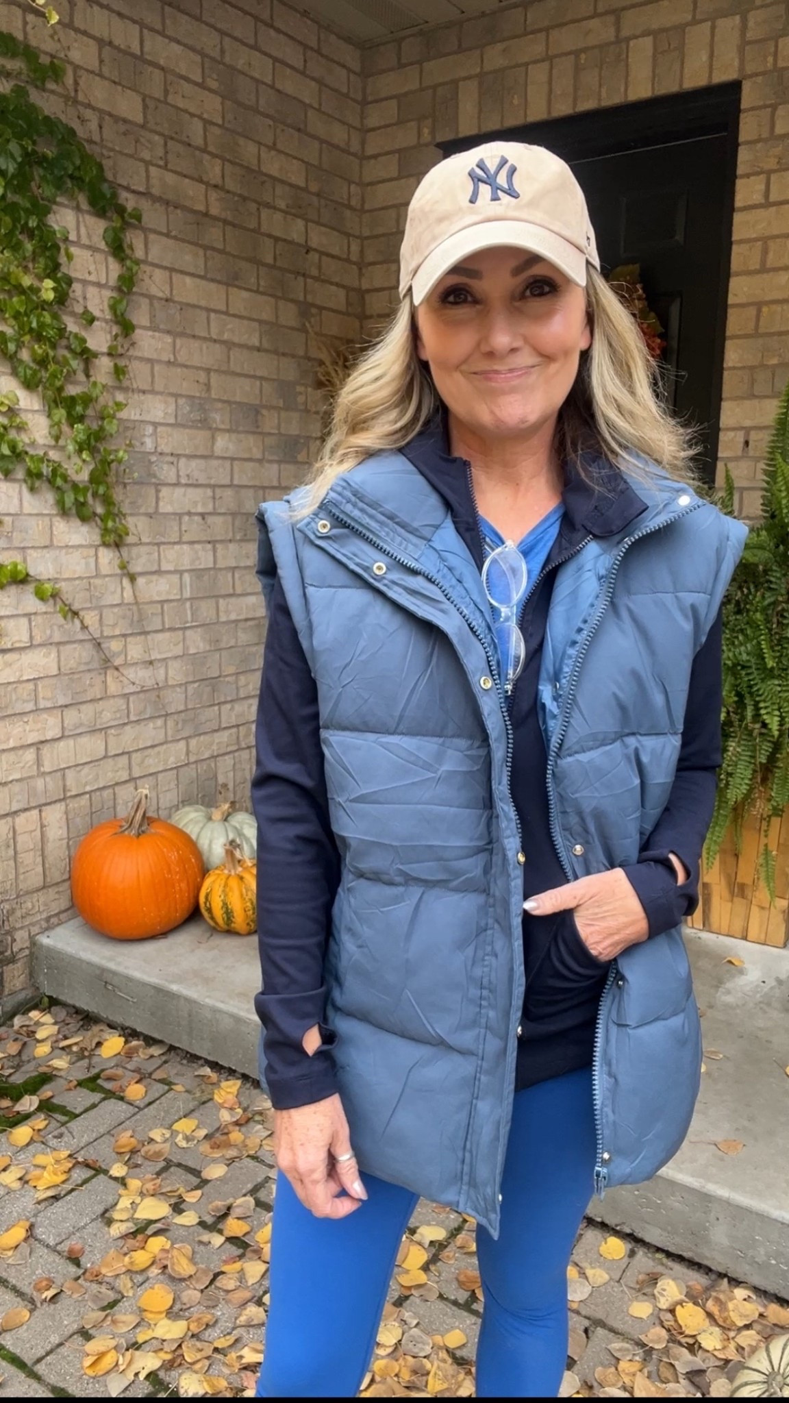 Casual fall outfit 
Blue leggings wearing size M
Blue tee size M
Blue athletic jacket size M
Blue puffer vest size XL - sized up for an oversized fit  

#LTKStyleTip #LTKSeasonal #LTKFindsUnder100