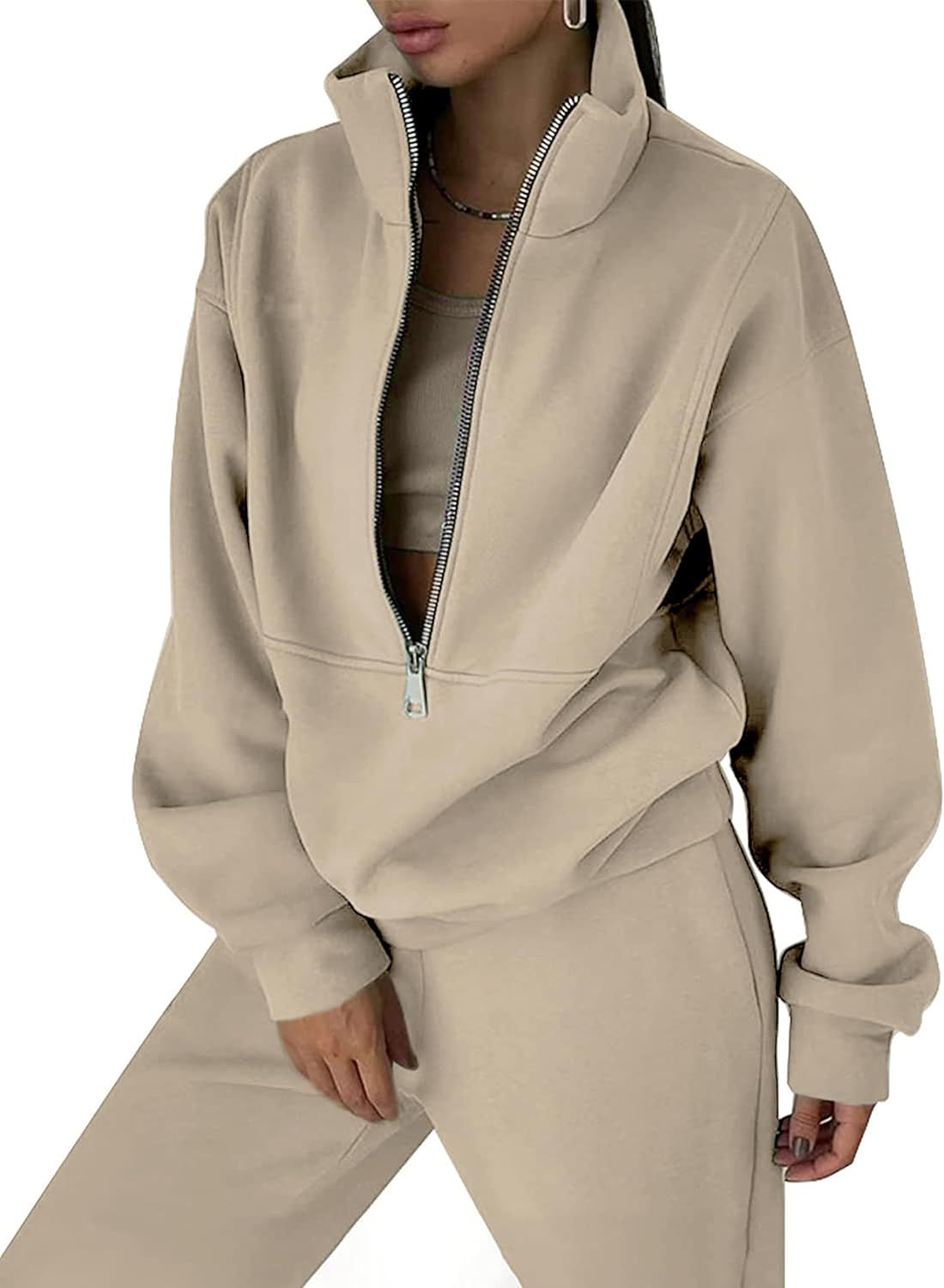 TIQOJE Womens Fleece 2 Piece Outfits Long Sleeve Half Zip Pullover Sweatshirt Joggers Pants Track... | Amazon (US)