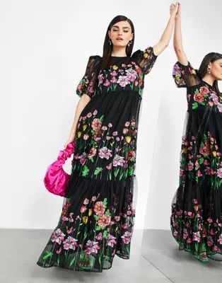 ASOS EDITION embroidered trapeze maxi dress with puff sleeves in black | ASOS (Global)