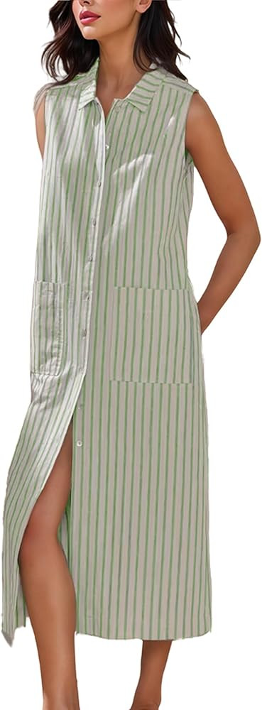 Womens Spring Summer Button-Down Shirt Dress Cotton Striped Collared Tunics Sleeveless Tank Dress... | Amazon (US)