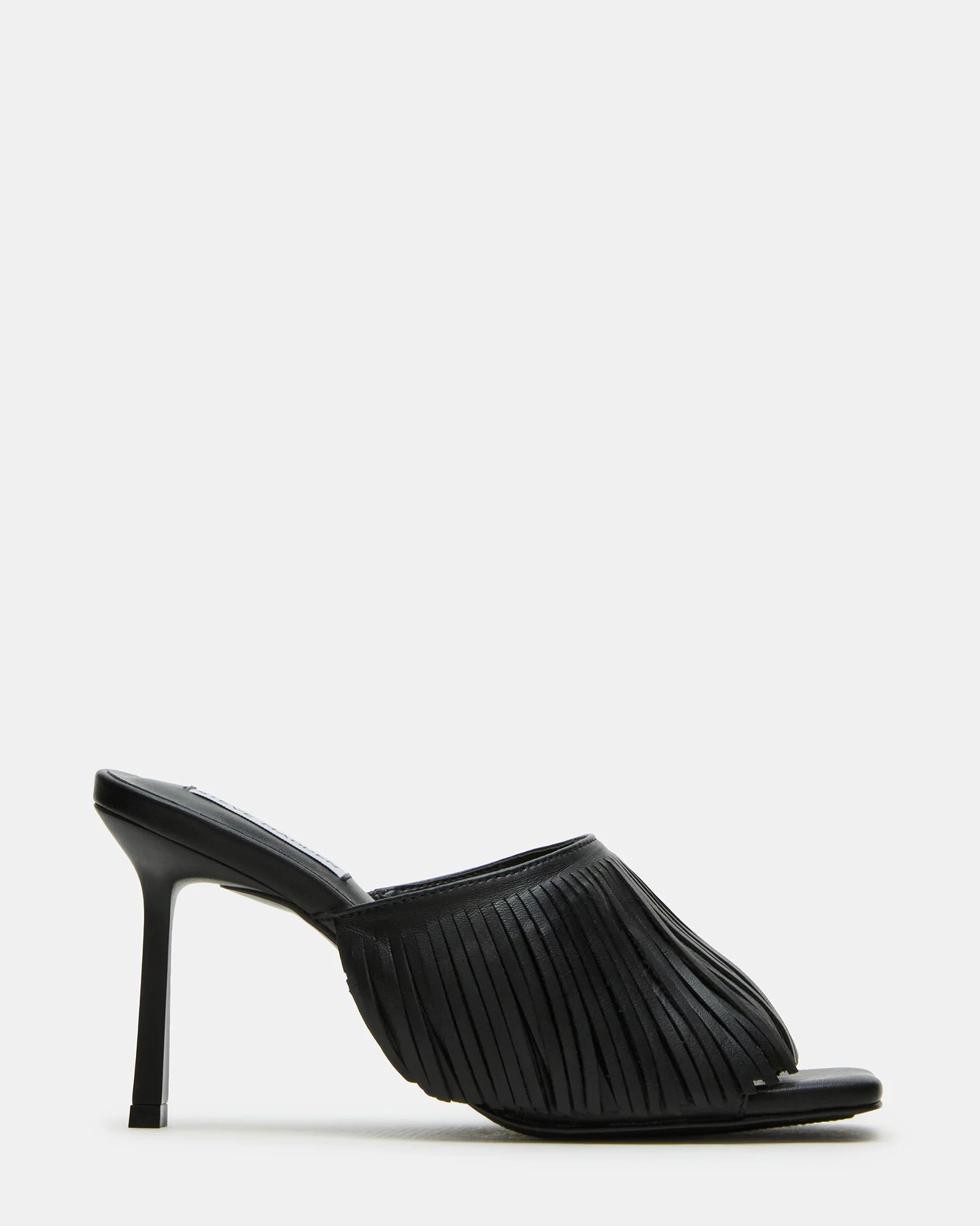 MORINA Black Leather Square-Toe Stiletto Mule Fringe Heel | Women's Heels | Steve Madden (US)