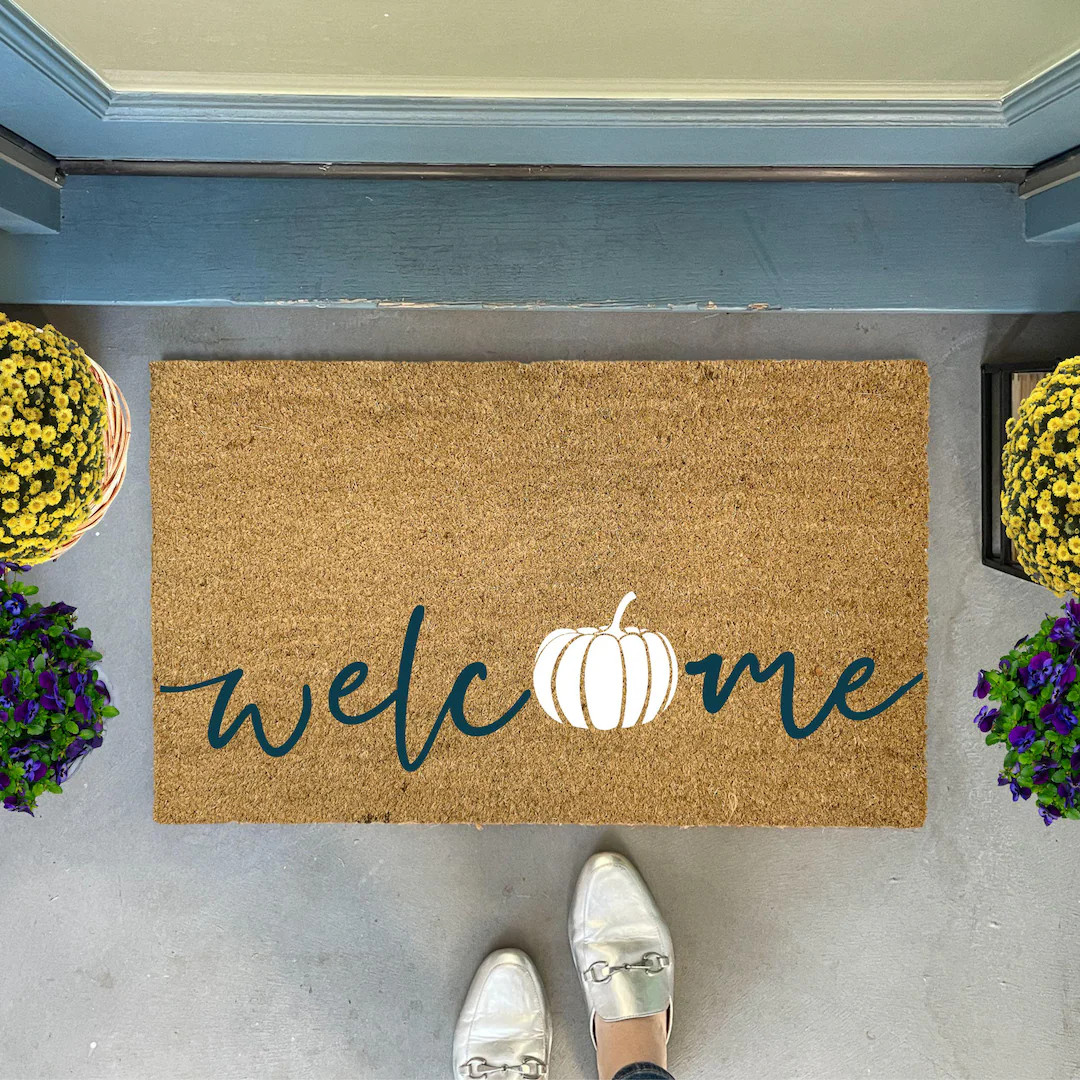 White Pumpkin Doormat, Navy Fall Decor, Fall Doormat for Front Porch, Fall Porch Decor, Blue Than... | Etsy (US)